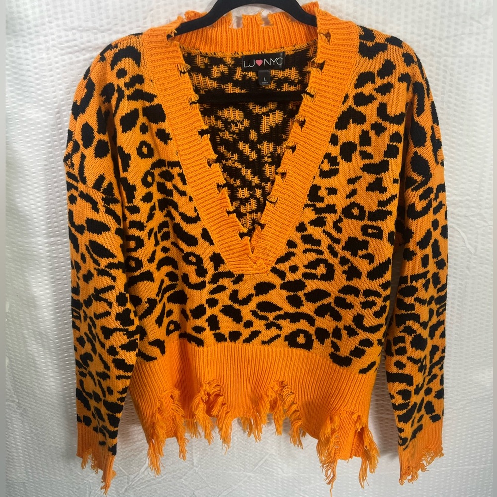 Cheetah Print Women's Fringe Drop Sleeve Crop Sweater Orange  Size L